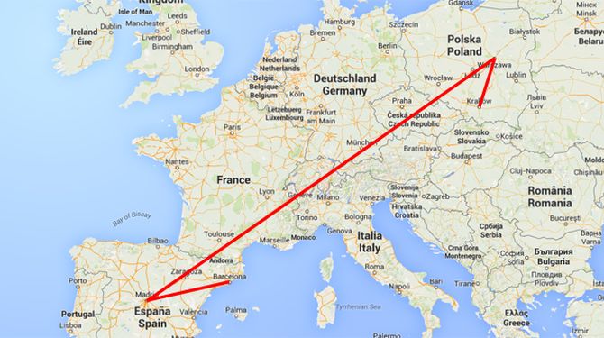 Een schematische weergave van de weg die Dennis moet afleggen richting Barcelona